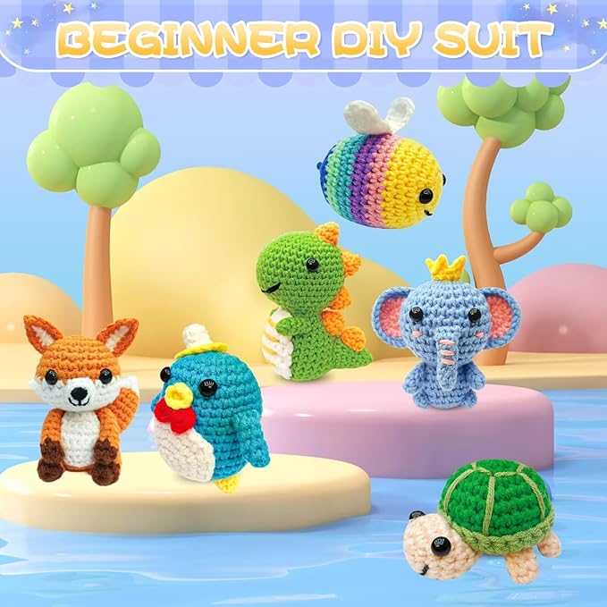 OLHKYN 6Pcs Crochet Kit for Beginners, 2025 DIY Craft for Adults and Kids, Great Gift for Crochet Lovers, Crocheting Animal Kits with Step by Step Videos,Yarn,Crochet Hook,Birthday Holiday Gift