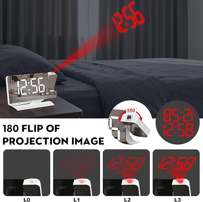 SZELAM Digital Clock,Alarm Clock Bedside with Projection,7.3" Mirror Clock with 180°Rotating Projector,Dual Alarm with 3 Mode,Brightnee Adjust,DST,Snooze,Charging Port,5 Levels Volume for Desk Teens