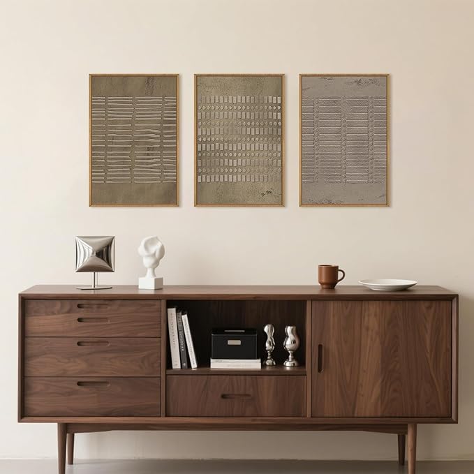 Large Abstract Brown Beige Framed Canvas Wall Art,Modern Lines Dots Wall Decor,Boho Neutral Minimalist Artwork,Mid Century Geometric Art Print for Living Room,Bedroom,Office- 16"x24"x3