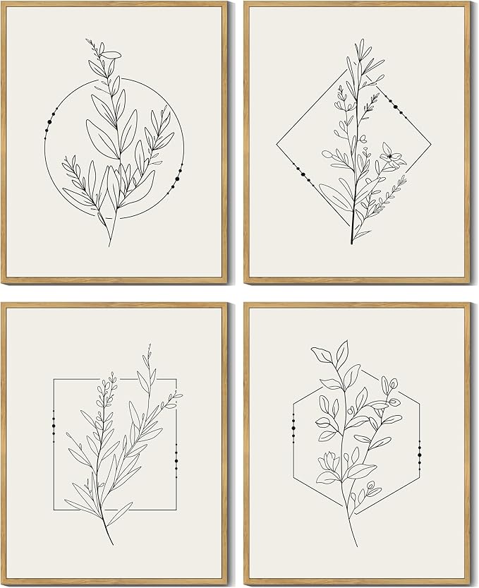 Drsoum Botanical Flower Boho Framed Wall Art Wooded Minimalist Aesthetic Floral Prints Farmhouse Retro Plants Rustic Bathroom Kitchen Home Decor Ready to Hang 8x10inx4pcs (Natural Framed)