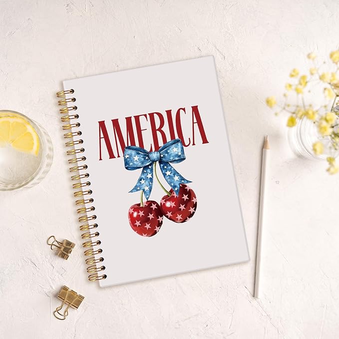 MOFUYU Bible Notebook,Prayer Journal,Cherry Notebook,God Bless America Notes Journal,4th of July,Bible Supplies Hardcover Spiral Notebook,Christian Journals for Women 5.5x8.3 Inch