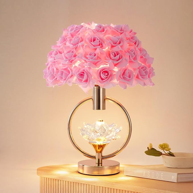 Modern Pink Rose Table Lamp with Crystal 17IN Romantic Flower Bedside Lamp Princess Nightstand Lamp Creative Desk Light for Girl Bedroom Living Room Entry Hotel Wedding Christmas Gift