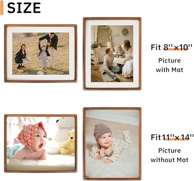 11x14 Picture Frame Set of 2 Natural Wood Photo Frames Display Pictures 8x10 with Mat or 11x14 without Mat Multi Photo Frames Collage for Wall or Tabletop Decor