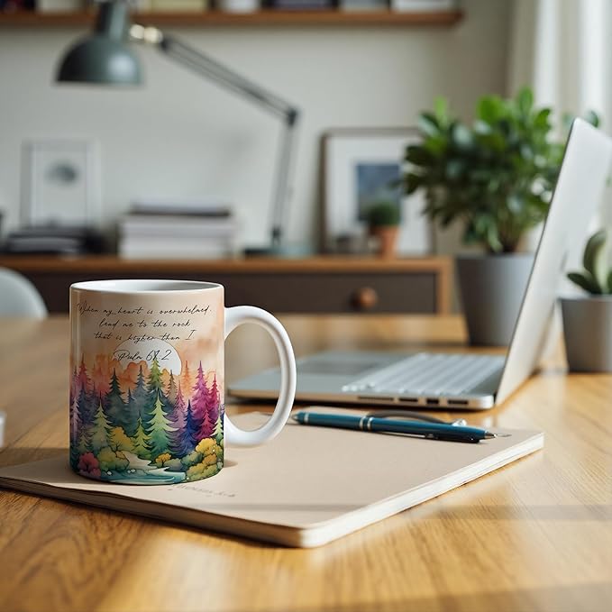 Inspirational Christian Mug 11 oz, When My Heart Is Overwhelmed Psalm 61:2 Bible Verse Coffee Cups Ceramic, Watercolor Forest Religious Ceramic Mug for Coffee Tea Hot Cocoa Home Office Work