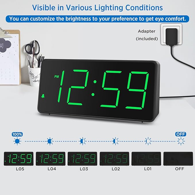 Peakeep Digital Clock, Alarm Clock for Bedrooms with USB Charger Port - Large Big Numbers 5 Brightness for Seniors, Battery Backup, Loud Alarm 5 Volums (Black with Green Digits)