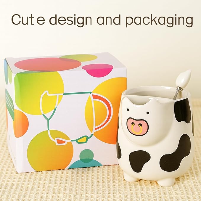 Yuwu 17oz Cow Mug with Built-in Tea Bag Holder and Spoon – Cute Glossy Ceramic Animal Cup for Milk Tea, Coffee, Kids, Girls – Farm Gift for Birthday, Christmas (whit)