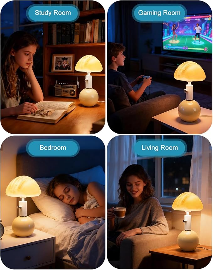 Lightdot Mushroom Lamp Table Lamp for Bedroom, Small Ceramic Bedside Table Lamps for Living Room Night Stands, Cute Unique Aesthetic Modern Mid Century Desk Lamp for Home Decor