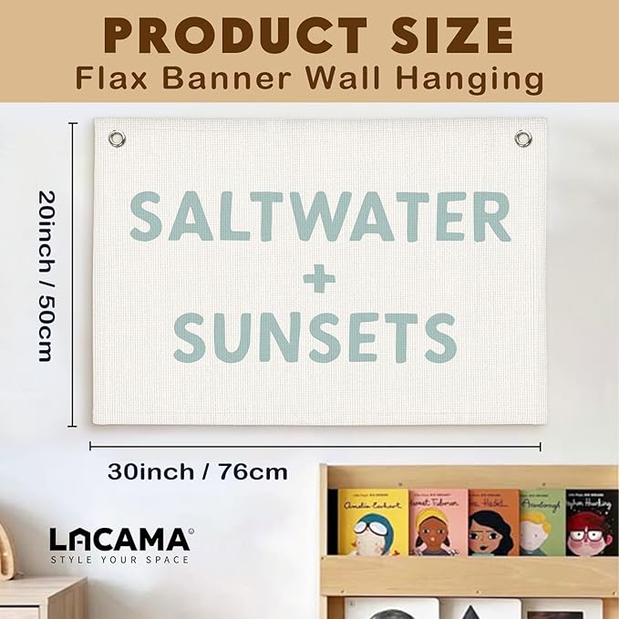 Lacama Beach Theme Wall Decor for Boys Room, Coastal Kids Playroom Nursery Hanging Sign, Saltwater + Sunsets Linen Canvas Banner, Rustic Nautical Surf, 30x20 Inch