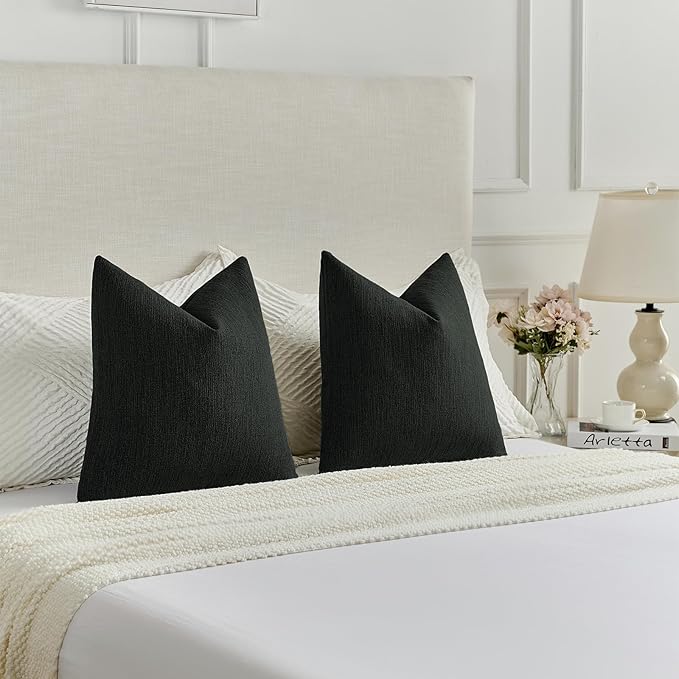 FUTEI Black Chenille Decorative Throw Pillow Covers 24x24 Inch Set of 2,Soft Cozy Faux Linen Textured European Pillow Shams,Farmhouse Home Decor for Couch Living Room