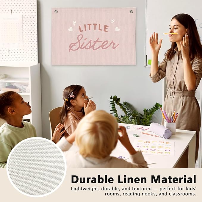 Pink Little Sister Girls Room Decor - Linen Banner Wall Hanging Canvas Banner Flag Decor for Girly Nursery Toddler Playroom Bedroom Dorm Apartment