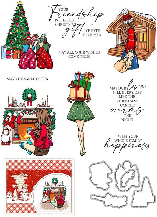 Christmas Women's Friendship Box Stamps and Cutting Dies for Card Making DIY Transparent Silicone Clear Stamp and Metal Die Cuts Sets for Scrapbooking Paper Greeting Cards Decor Seals Craft Supplies