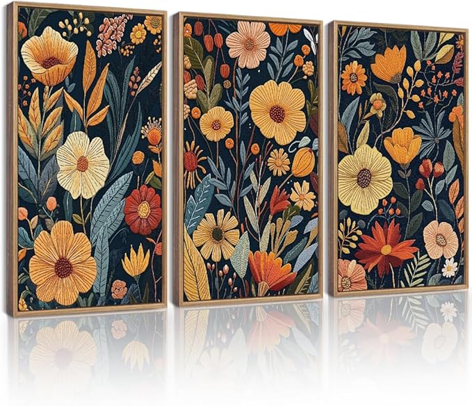 KUVIOKE Vintage Flower Framed Wall Art Colorful Boho Floral Wall Decor Botanical Retro Wildflower Modern Artwork Bedroom Living Home Decor 16x24in (Natural Framed)