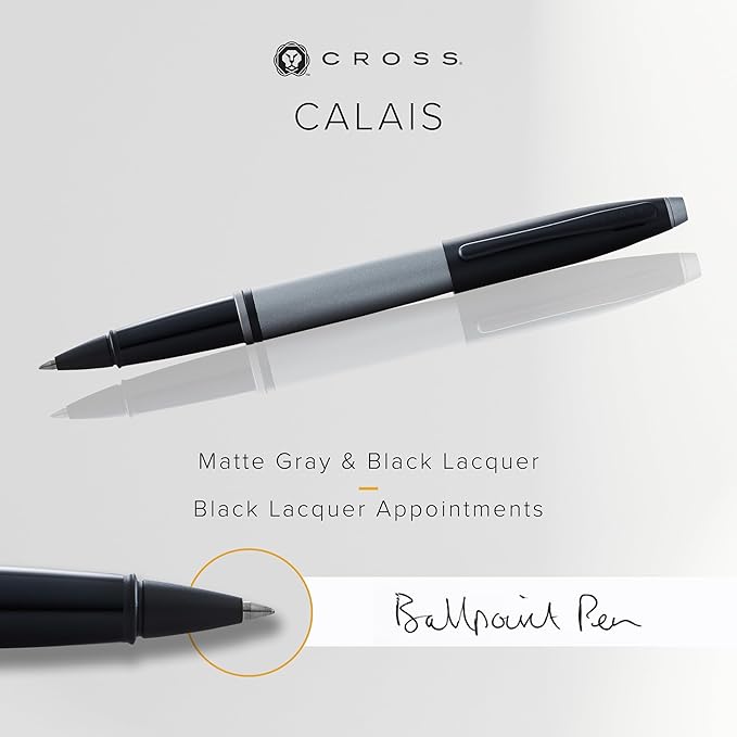 Cross Calais Refillable Rollerball Pen Presented in a Luxury Gift Box - Medium Point, Black Ink, Matte Gray & Black