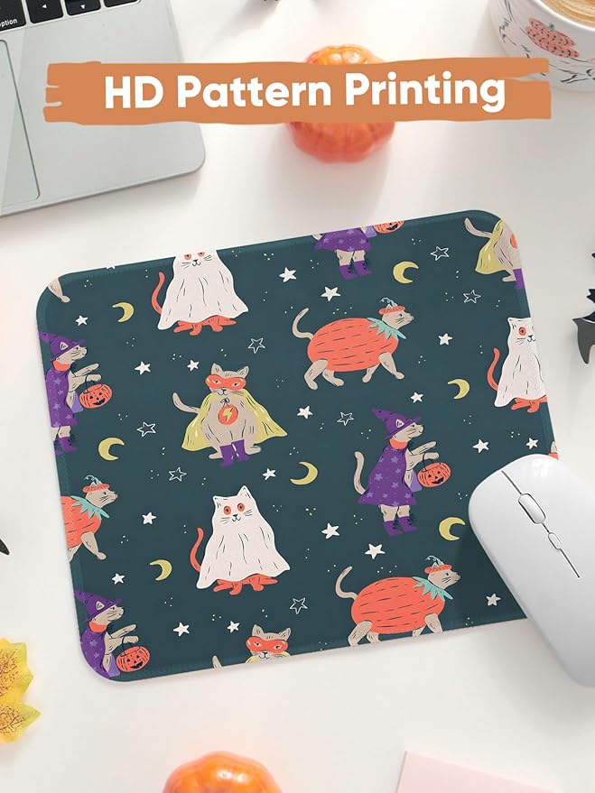 Seorsok Halloween Funny Cat Mouse Mat,Pumpkin Decor Mouse Pads for Office Laptop,Washable Square Mousepads with Extended Stitched Edges Non Slip Rubber Base 9.5"x7.8"x0.12" Inch,Dark Green