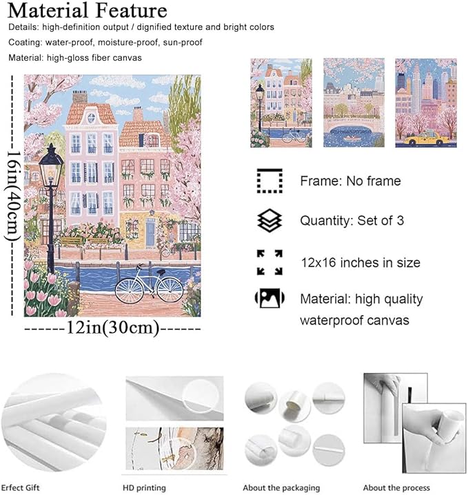 XLARTMY Watercolor City Landscape Travel Wall Art Canvas Framed Pink Cherry Flower Poster Girly Prints Painting Pictures Set of 3 for Bedroom Living Room Office 12x16in Unframed
