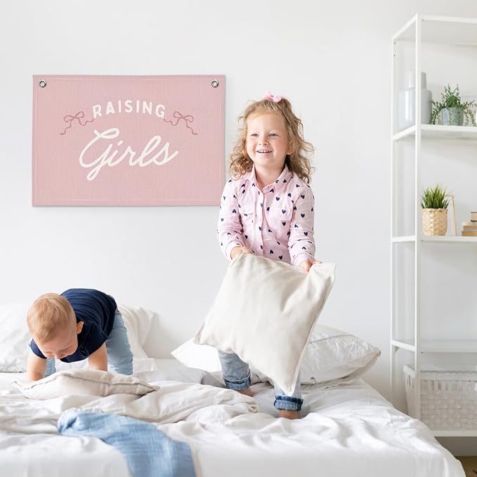 Coquette Pink Bow Raising Girls Preppy Room Decor - Linen Banner Wall Hanging Canvas Banner Flag Decor for Girly Nursery Toddler Playroom Bedroom Dorm Apartment