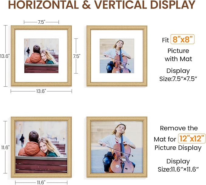 Natural Oak 12x12 Picture Frames Mat to 8x8 Picture Display Set of 3,Original Wood Handcrafted 12x12 Poster Frame with Tempered Glass Graduation Family Wedding Certificate Photo Wall Mounted