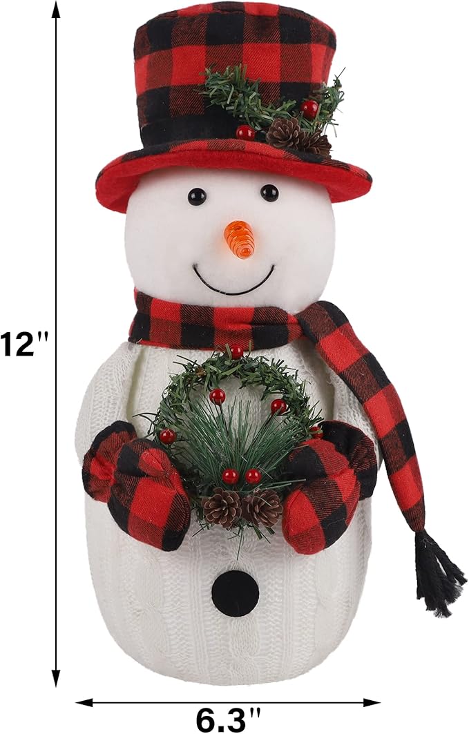 Christmas Lighted Snowman, 12" With Wreath Table Decorations, Red Black Plaid Xmas Decor for Home Kitchen Holiday Party