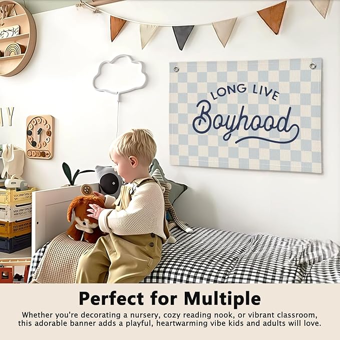 Long Live Boyhood Blue Checkered Boys Room Decor - Linen Banner Wall Hanging Canvas Banner Flag Decor for Toddler Boy Bedroom Nursery Playroom