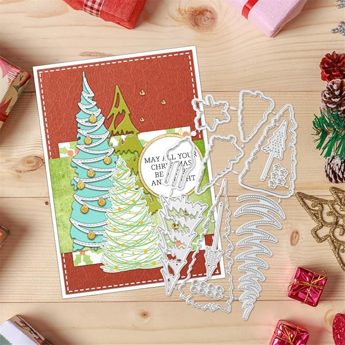 Christmas Tree Snow Stamps and Cutting Dies for Card Making DIY Transparent Silicone Clear Stamp and Metal Die Cuts Sets for Scrapbooking Paper Greeting Cards Decor Seals Craft Supplies