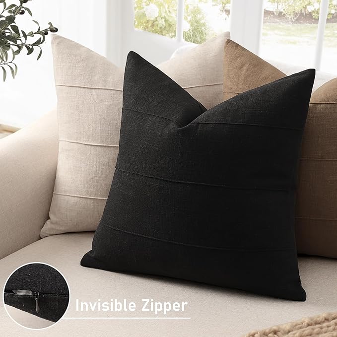 ZWJD Decorative Linen Throw Pillow Covers 20x20 Set of 2 Solid Handcrafted Striped Cushion Covers for Bed Soft Modern Farmhouse Neutral Pillowcase for Couch Bedroom Living Room Home Decor(Black)