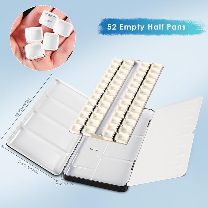 PEVART Watercolor Tin Palette, Metal Empty Paint Case with 52 PCS Empty Half Pans and a Water color Pen Suitable for DIY Travel Watercolor Palette, Acrylic and Oil Painting