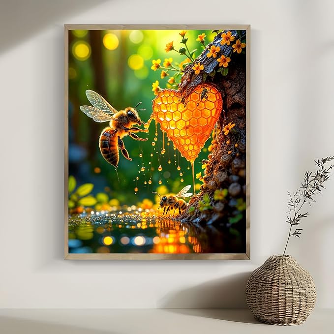 LKHMVCA Bee Flower Diamond Painting Kits for Adults, 5D Diamond Art Kits for Adults Beginners, DIY Full Round Drill Diamond Dot Painting Gem Art Kits for Adult, Home Wall Decor 11.8x15.7 Inch