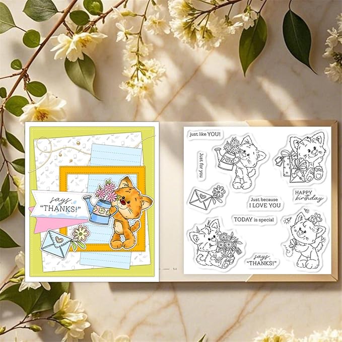 Orange Cat Flower Gift Stamps and Cutting Dies for Card Making DIY Transparent Silicone Clear Stamp and Metal Die Cuts Sets for Scrapbooking Paper Greeting Cards Decor Seals Craft Supplies