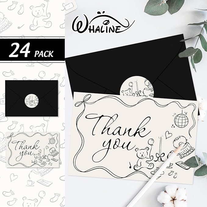 Whaline 24 Pack Baby Shower Thank You Cards Greeting Card with Envelope Sticker Black Bear Cake Greeting Blank Note Cards for Birthday Gender Reveal