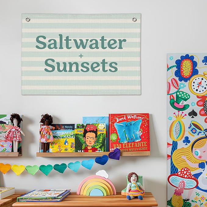 Beach Room Decor, Coastal Surf Banner, Saltwater Sunsets Linen Canvas Banner Wall Hanging Flag Decor for Toddler Boy Room Nursery Playroom