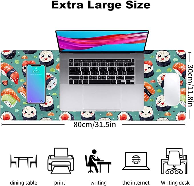 Cute Sushi Gaming Mouse Pad, Office Desk Mat, Anti-Slip Rubber Base Cool Aesthetic Mouse Pads for Computer Laptop Keyboard School Home Desktop Gamer Home Accessories Decor 31.5" x 11.8"