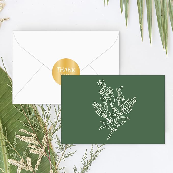 Whaline 40 Pack Green Floral Greeting Cards Gradient Color Botanical Thank You Card Flower Leaves Blank Note Cards with Envelopes Stickers for Wedding Birthday