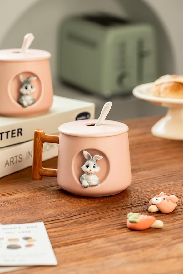 DIHOclub Adorable 3D Ceramic Rabbit Mug with Lid and Spoon Perfect for Coffee, Tea, Milk, and More - Ideal Gift for Bunny Lovers - 14 Ounces (Pink)