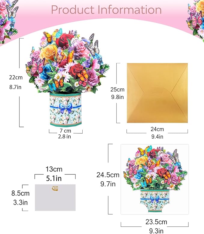 3D Pop Up Flower Bouquet Cards Pack – Roses, Sunflowers and Succulents Greeting for Women - for Mother's Day, Birthdays, Get Well, Sympathy, Congratulations & Thank You – Includes Envelopes & Note Cards