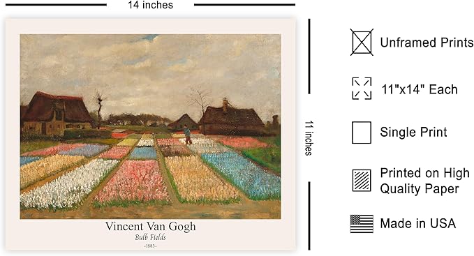 Monem Art Vintage Van Gogh Poster - Retro Bulb Fields Print - Flower Beds in Holland Art - Impressionism Art - Fine Art - Classic Painting Art - Great Bedroom Wall Decor - 11x14 UNFRAMED Wall Art