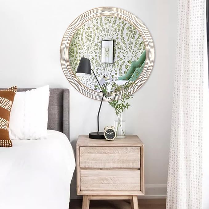 30 Inches Farmhouse Round Wood Mirrors for Wall Decor, Rustic Decorative Circle Mirror for Bathroom, Living Room, Foyer, Entryway