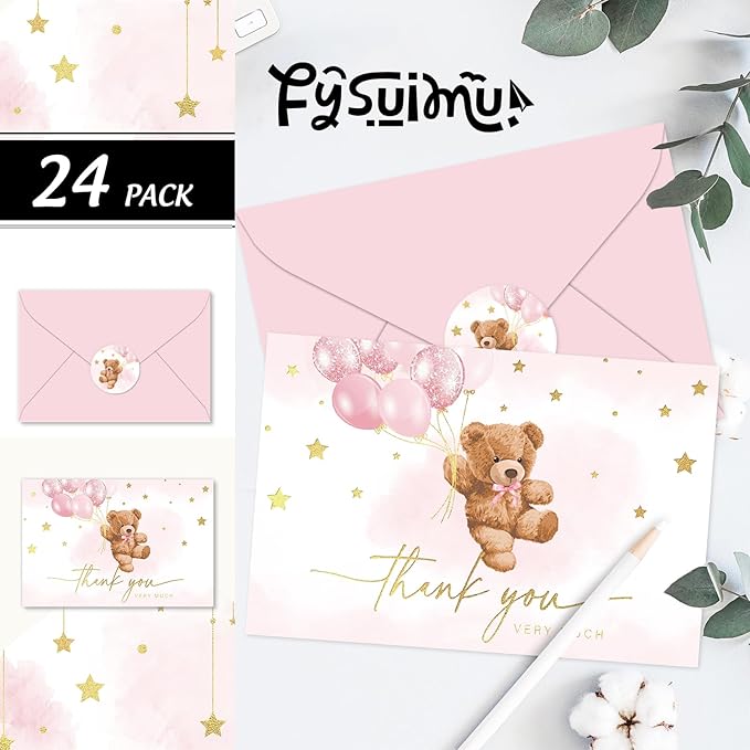 24 Pack Bear Gold Foil Thank You Card Pink Star Balloon Bear Greeting Cards with Envelopes Stickers Blank Note Cards for Birthday Baby Shower, 4 x 6 Inch