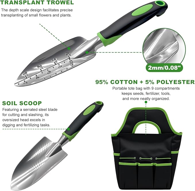 Gardening Tool Set, 11-Piece Outdoor Gardening Tools, Indoor Mini Gardening Planting Set Suitable for Women, Seniors, and Left-Handed Users with Green Non-Slip Handles. (Gray)