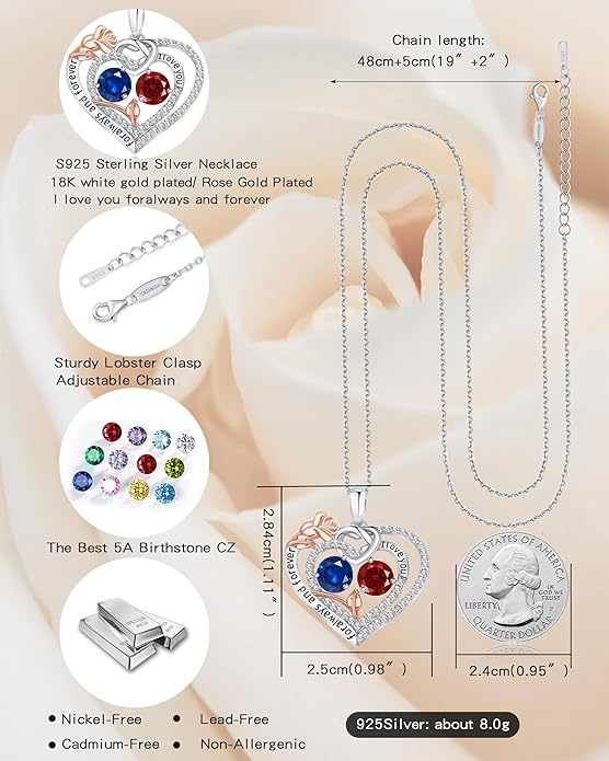 Women's Birthstone Necklace, Holiday Gift for Girlfriend, 925 Sterling Silver Heart Rose Necklace, Anniversary Birthday Gift for Wife, Daughter