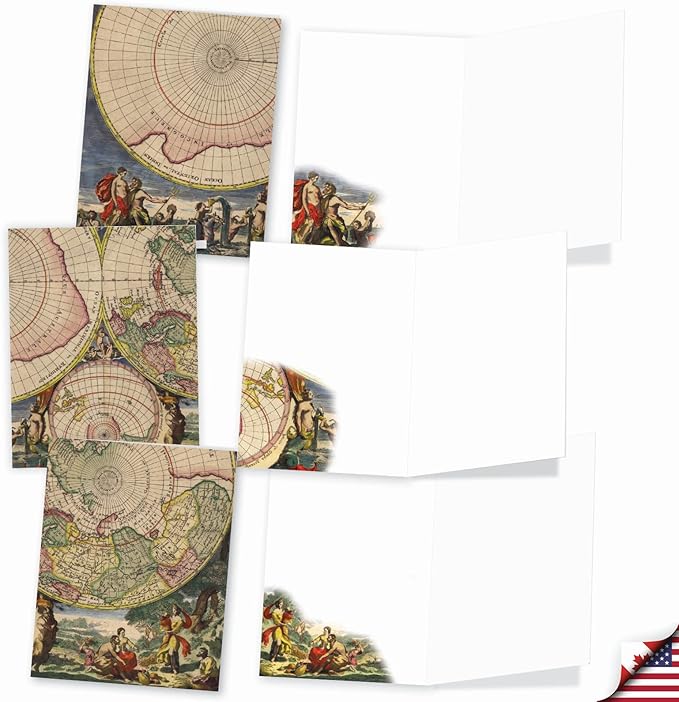 The Best Card Company - 10 Assorted Blank All Occasions Notecards Box Set 4 x 5.12 Inch w/Envelopes Vintage Art Map for Men, Women, Variety Pack (10 Designs, 1 Each) - Topographics M2341OCB