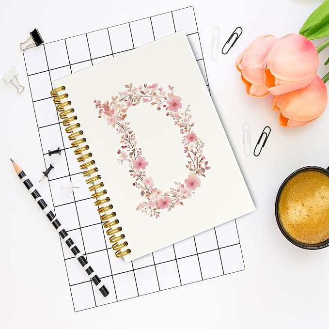 Pink Cute Spiral Notebook Journal, Preppy Floral Initial Letter D Personalized Journaling Notebooks, Monogrammed Gifts for Women Girls, Botanical Hardcover Spiral Lined Notebook 5.5 x 8.3