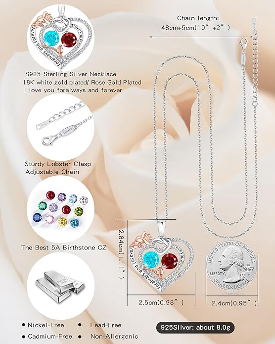 Women's Birthstone Necklace, Holiday Gift for Girlfriend, 925 Sterling Silver Heart Rose Necklace, Anniversary Birthday Gift for Wife, Daughter