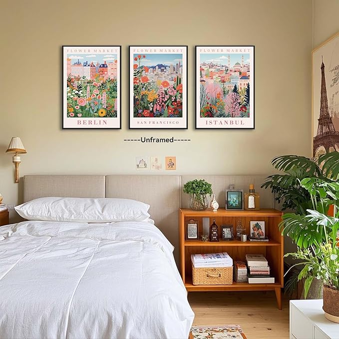 XLARTMY Flower Market Wall Art Prints Canvas Orange and Pink Floral Paintings Colorful Botanical Travel Flower Posters for Home Decor Pictures Set of 3 for Living Room Bedroom 16x24in Unframed