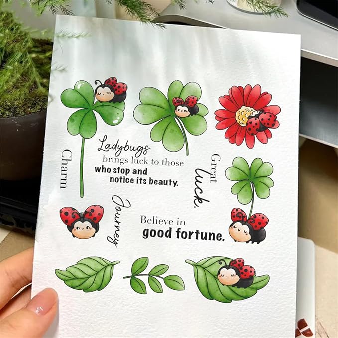 Ladybug Four-Leaf Clover Stamps and Cutting Dies for Card Making DIY Transparent Silicone Clear Stamp and Metal Die Cuts Sets for Scrapbooking Paper Greeting Cards Decor Seals Craft Supplies