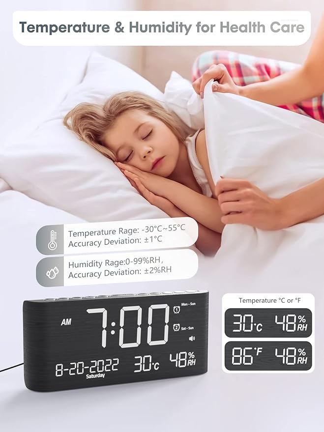 Raynic Alarm Clock, 8.7 Inch Digital Clock, Alarm Clock with USB and Type-C Charger,Dual Alarms,Temperature, Humidity,Date, 5 Adjustable Volume and 5 Dimmer for Bedroom Living Room Office (Grey)