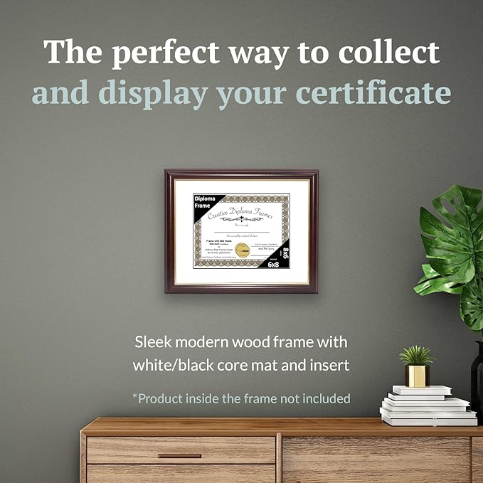 Creative Picture Frames 6x8 Mahogany Gold Rim Diploma Frame with White Mat Glass Easel and Installed Wall Hangers | Frame Holds 8x10 Media without Mat