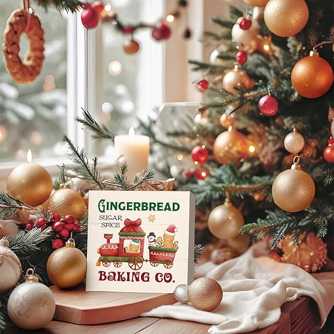 Gingerbread Christmas Decor Wooden Box Sign,Gingerbread Decorations for Kitchen, Christmas Decorations for Home Shelf Office Desk Decor,Holiday Gifts for Women 5x5