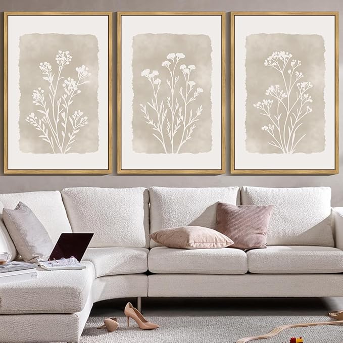 KUVIOKE Boho Botanical Flower Framed Wall Art Farmhouse Vintage Floral Wall Painting Rustic Wildflower Neutral Prints Artwork Home Decor 24x36in (Natural Framed)