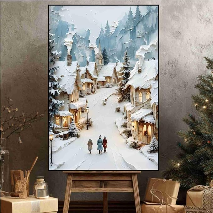 Christmas Winter Painting Snowy Village Street Festive Landscape Print Holiday Church Wall Decor Winter Cottagecore Canvas Painting Indoor Decor for Living Room Bedroom Office Framed Ready to Hang