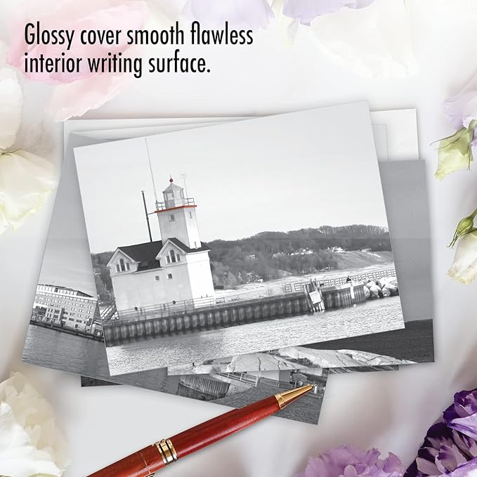 The Best Card Company - 10 Blank Note Cards with Envelopes For Men and Women (4 x 5.12 Inch) - Black & White Photos, Bulk Boxed Set - Red Beacons M1707BN